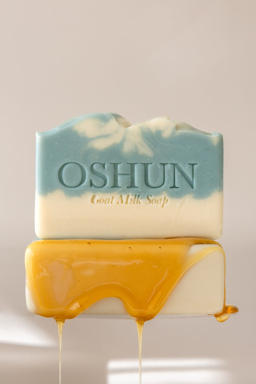 Oshun goat milk soap bar dripping with golden manuka honey—rich in antioxidants for soft, hydrated, and healthy skin.